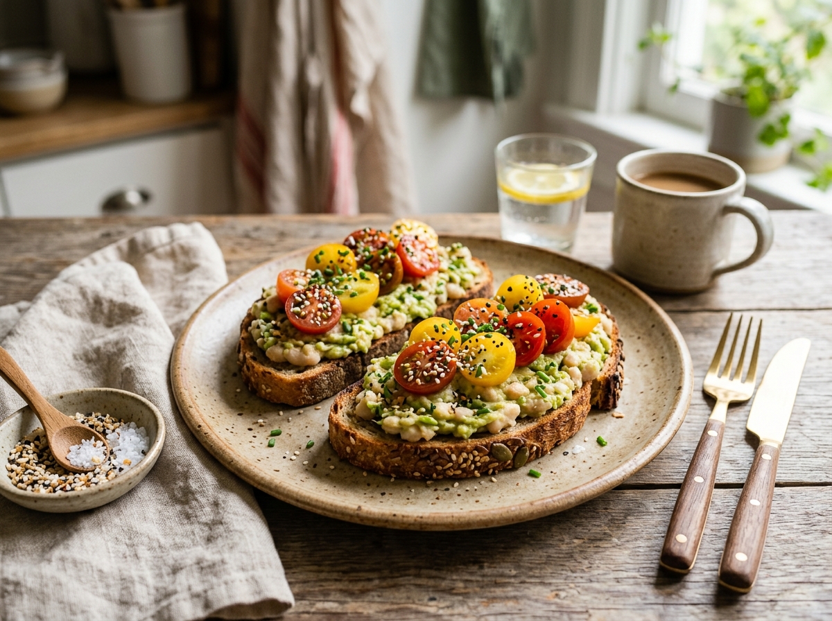 Artisanal avocado toast with crispy sourdough, seasoned avocado, and golden egg