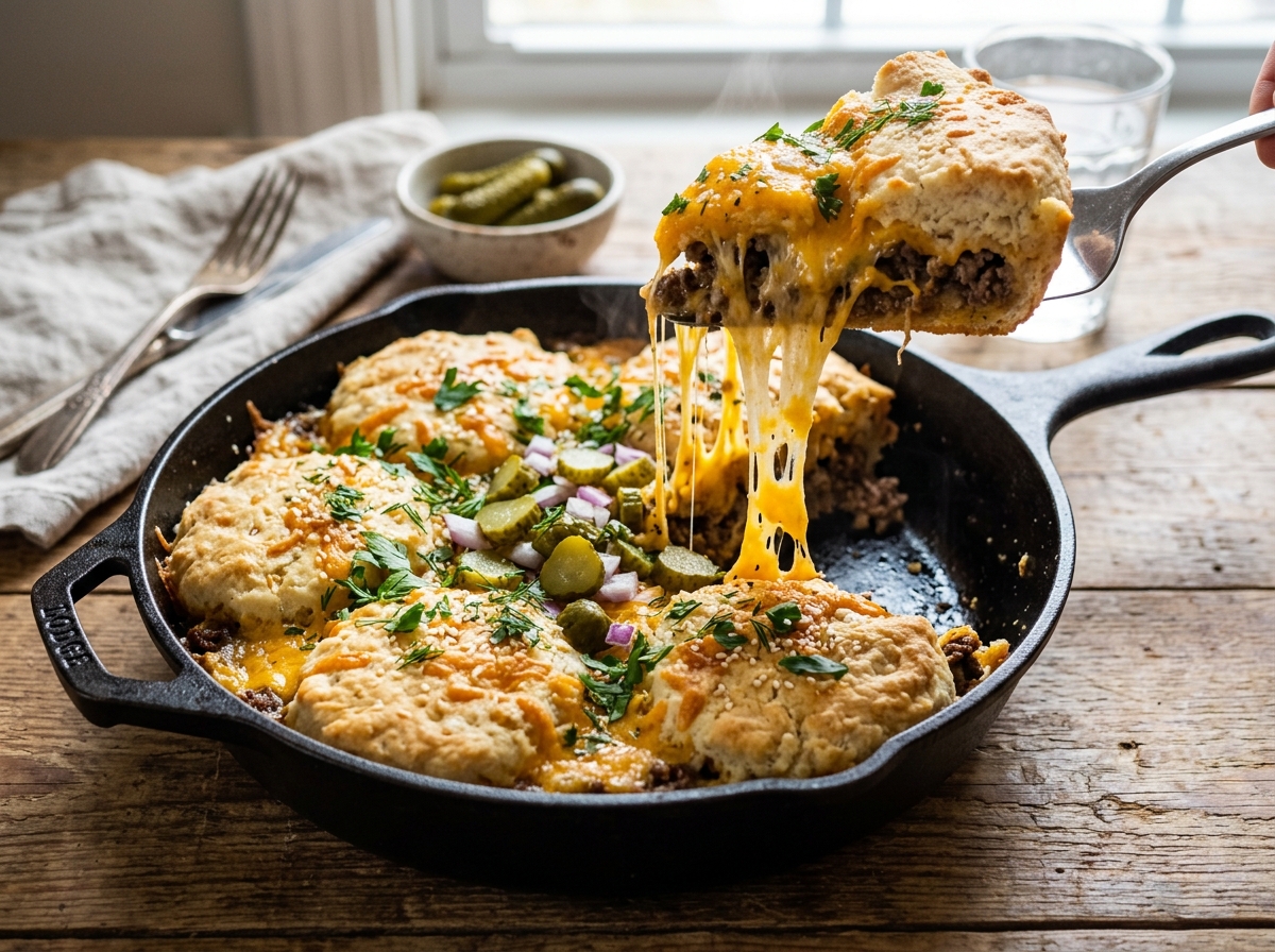 Thick slice of one-skillet cheeseburger pie with bubbling cheddar and dill pickle relish