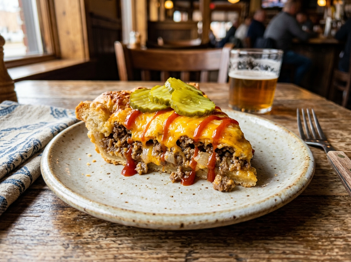 One-skillet cheeseburger pie topped with melted cheddar cheese and sliced dill pickles
