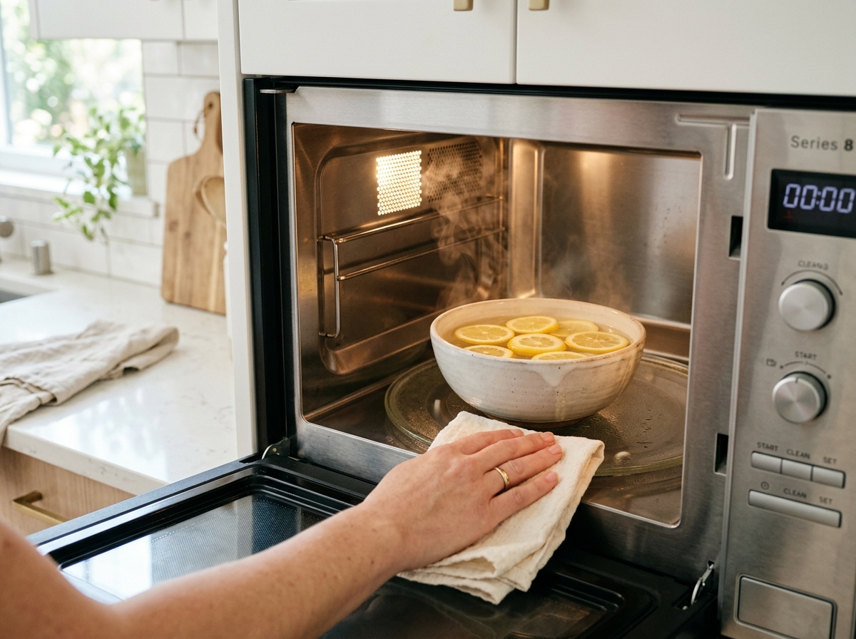 Steaming bowl with sliced lemons inside microwave being wiped clean with soft cloth
