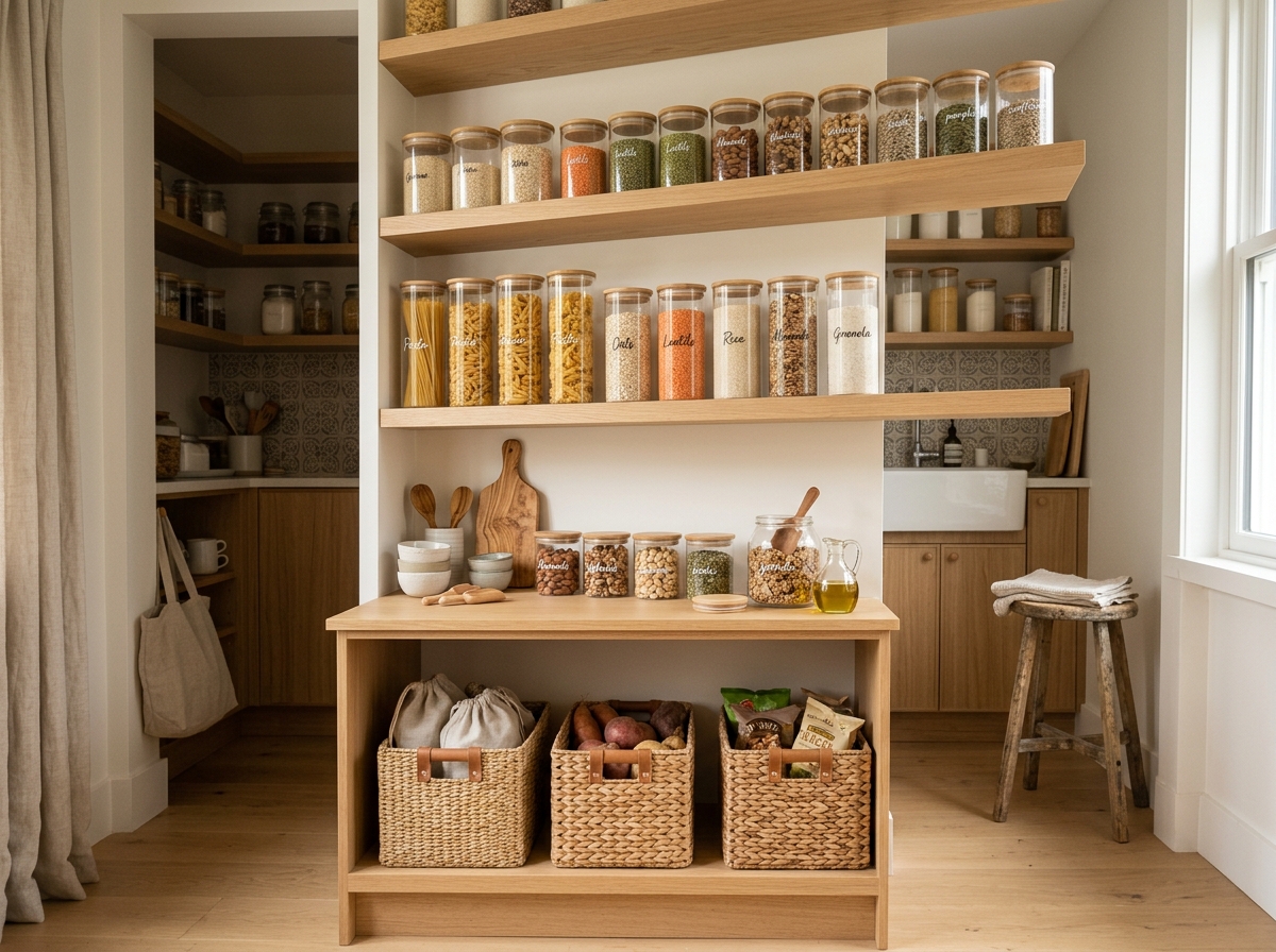 Walk-in kitchen pantry with light oak shelves and uniform glass storage jars