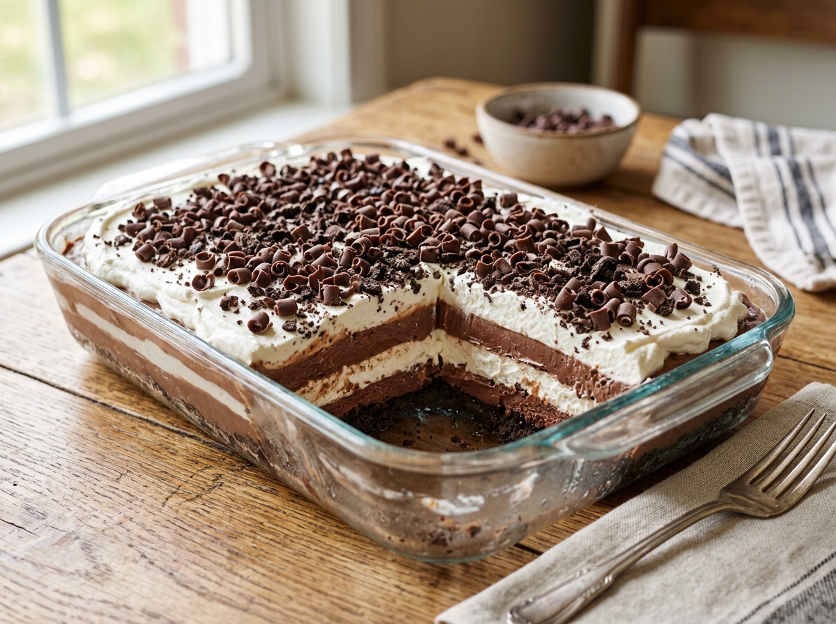 Glass baking dish showing slice of no-bake chocolate icebox cake with whipped cream and crushed cookies