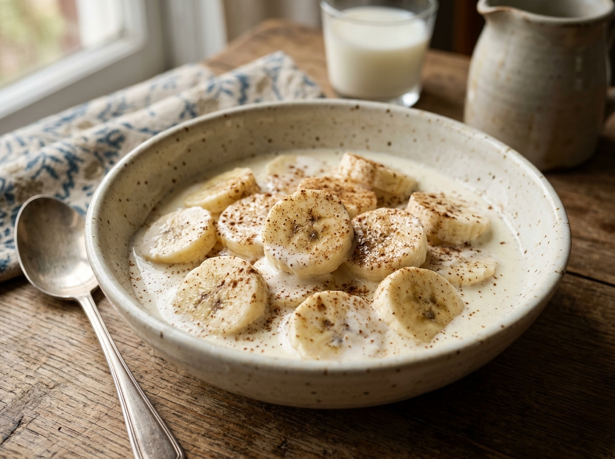 Ceramic bowl of sliced sweet bananas bathed in cold heavy cream with a dusting of cinnamon