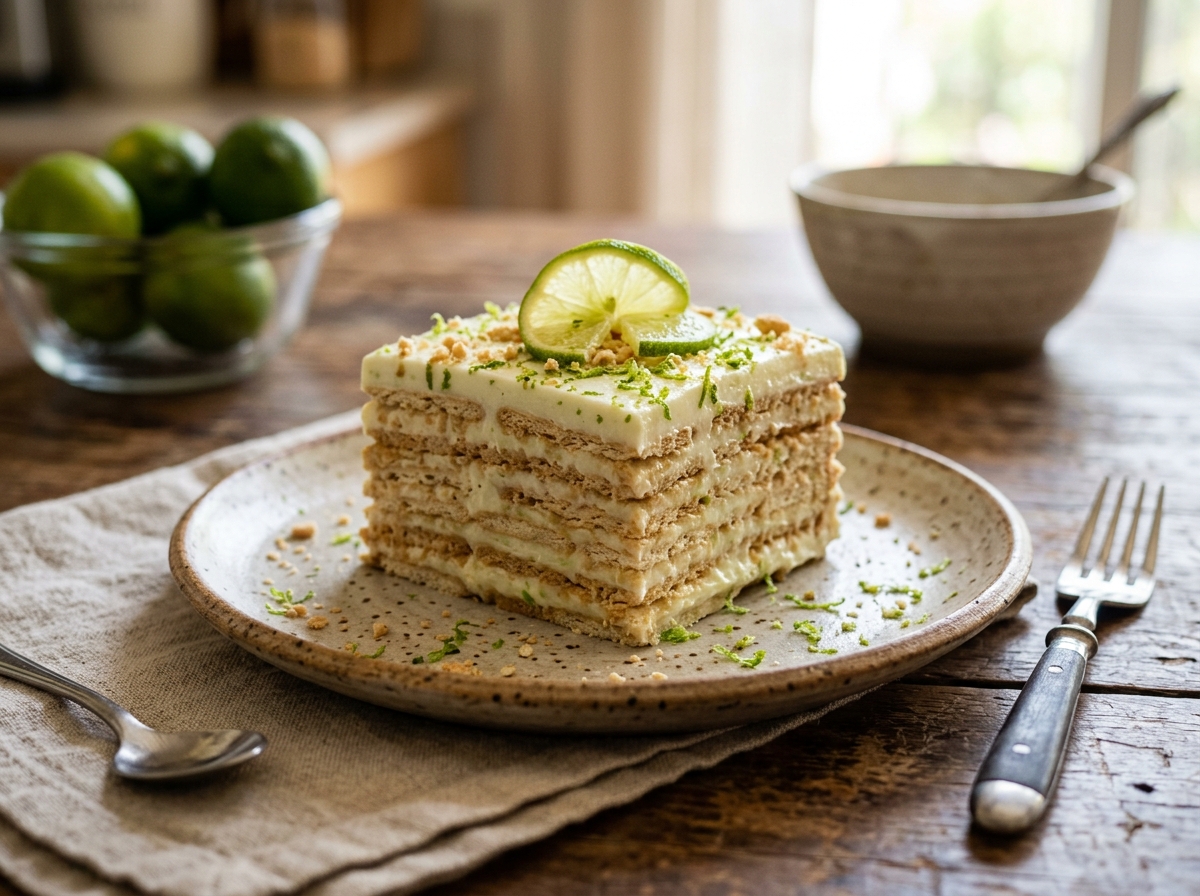 Square slice of Carlota de Limon lime icebox cake garnished with fresh lime slices and lime zest