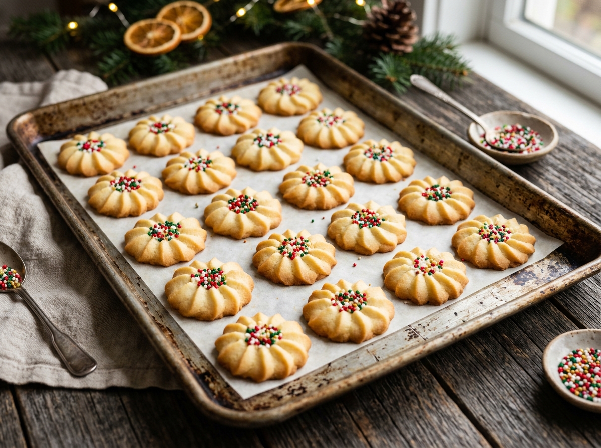 Golden fluted butter spritz cookies with festive sprinkles cooling on wire baking rack