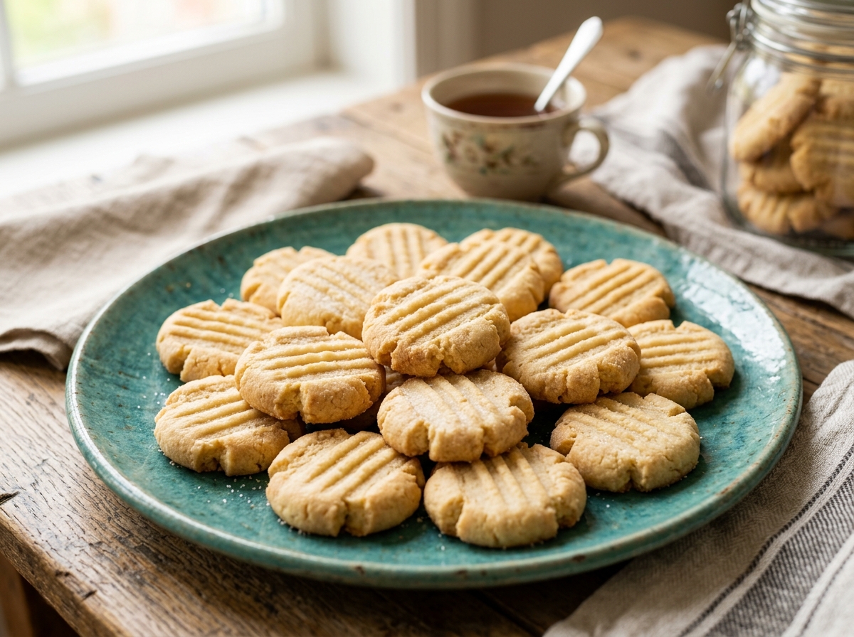 Plate of pale golden round butter shortbread cookies stamped with fork tines