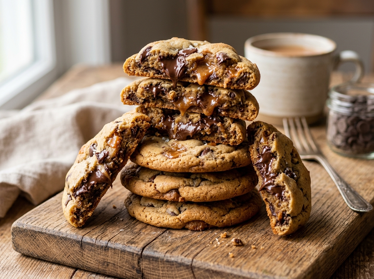 Warm split chocolate chip cookie showing melted chocolate pockets and caramelized toffee bits