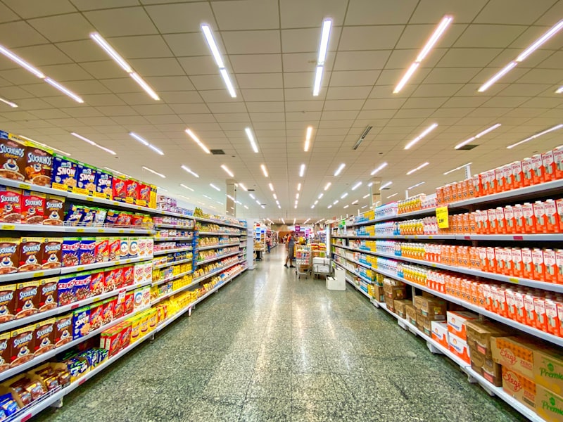 Well-stocked Canadian supermarket grocery aisle with clean display of local pantry essentials