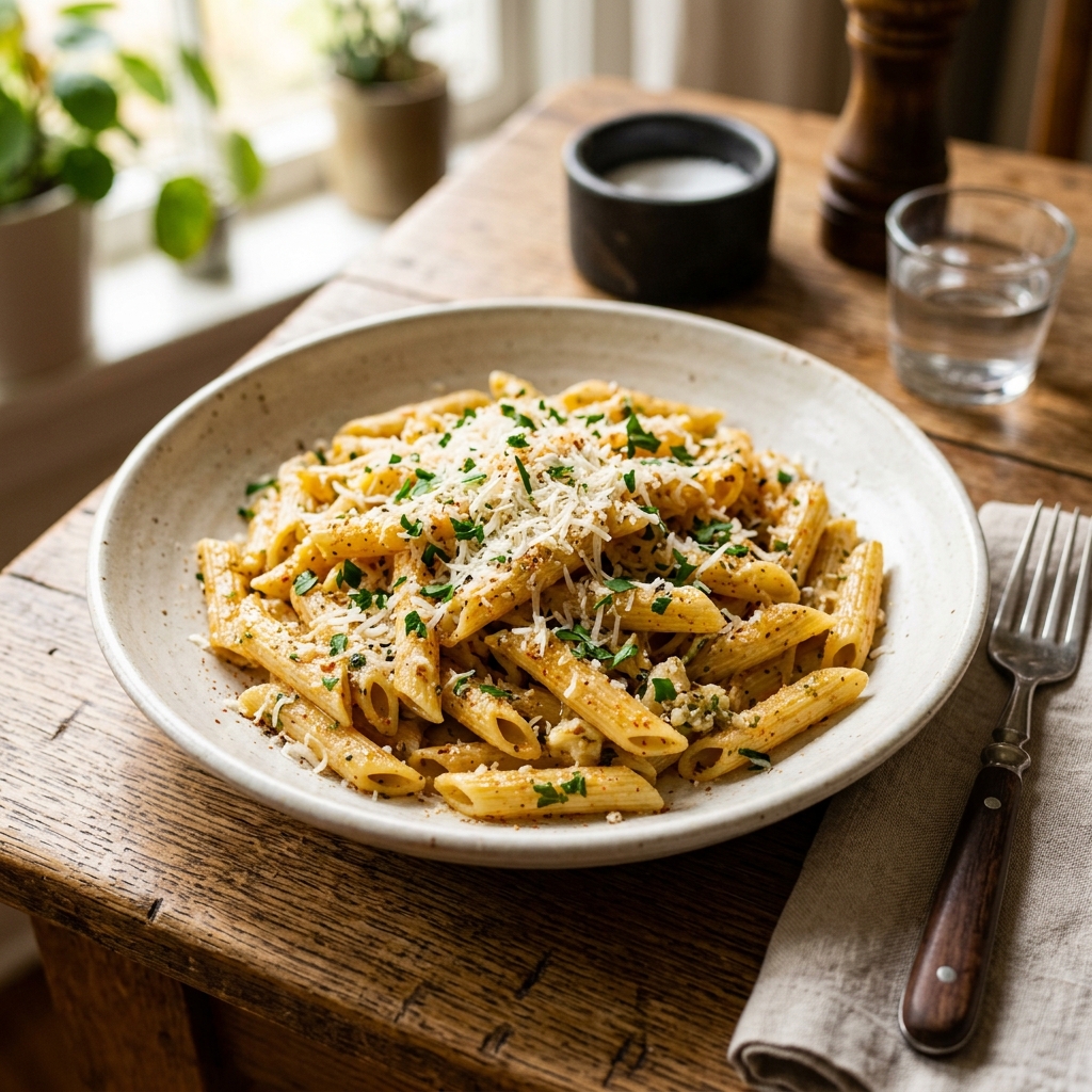 Garlic butter angel hair pasta tossed with blistered cherry tomatoes and herbs